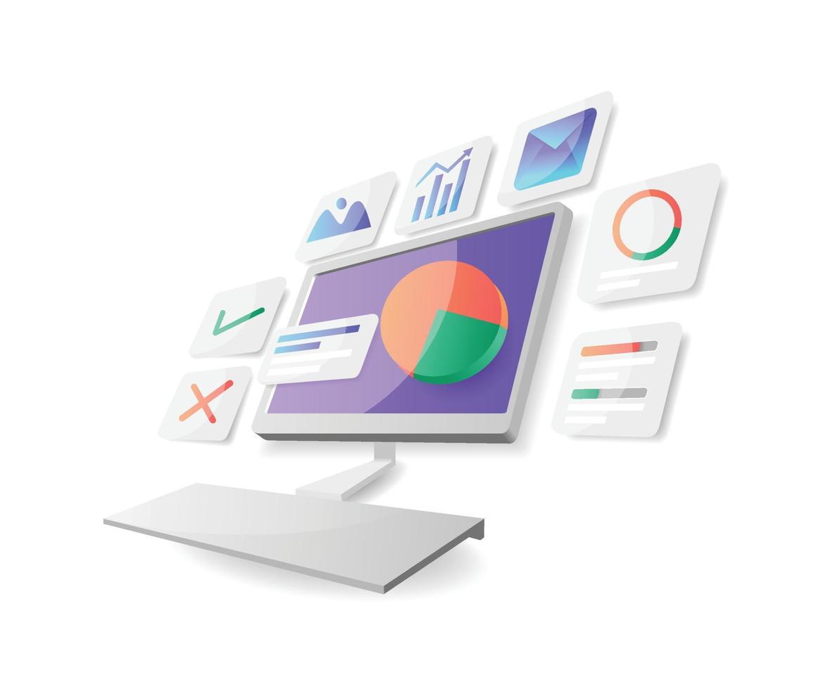 illustration de style isométrique d'analyse commerciale avec ordinateur vecteur