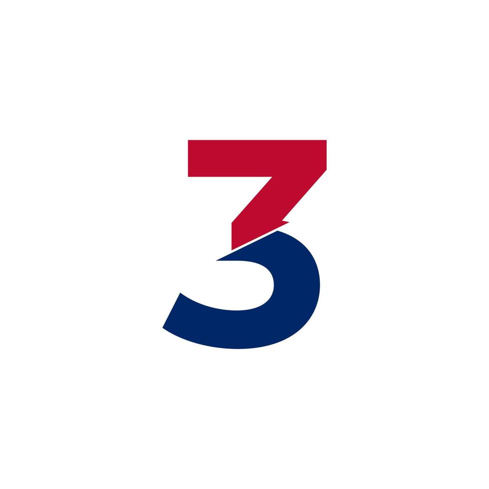 logo numéro 3 bleu et rouge. style de coupe de formes géométriques isolé sur fond blanc vecteur