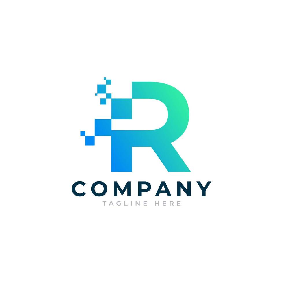 logo de la lettre technique r. forme géométrique bleue et verte avec des points de pixel carrés. utilisable pour les logos commerciaux et technologiques. élément de modèle d'idées de conception. vecteur