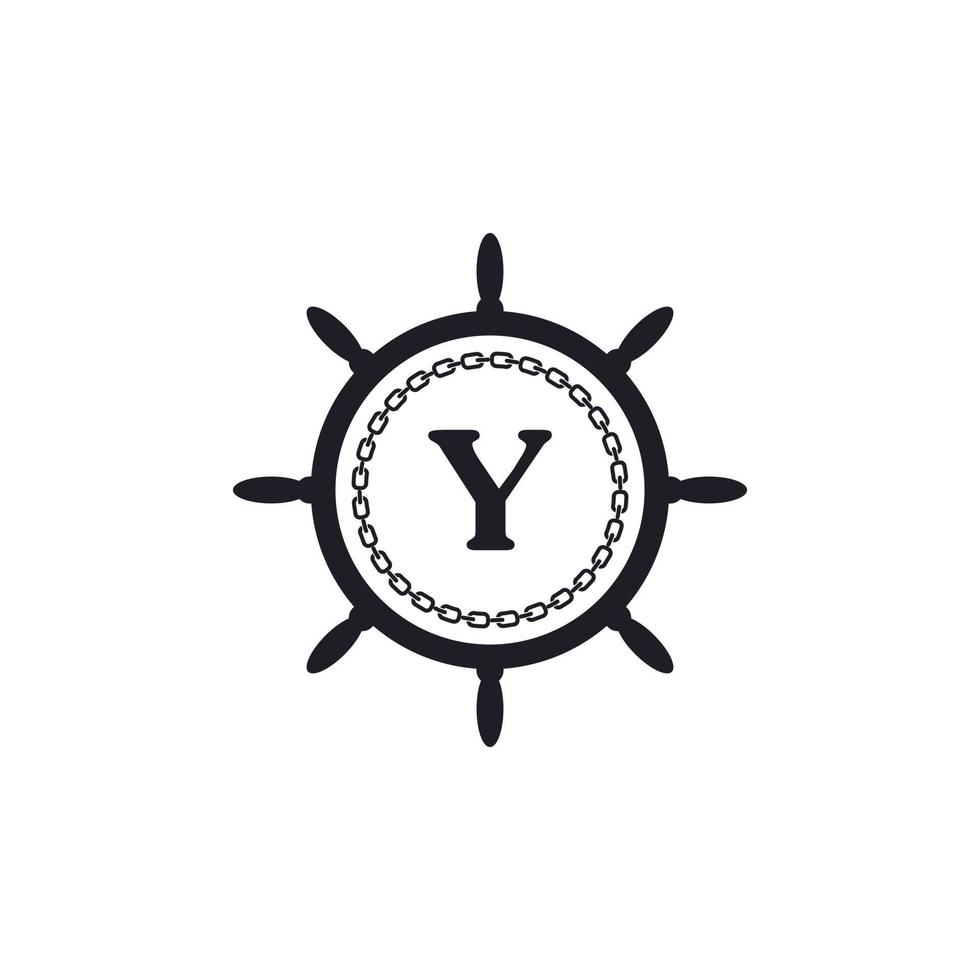 lettre y à l'intérieur du volant du navire et de l'icône de la chaîne circulaire pour l'inspiration du logo nautique vecteur
