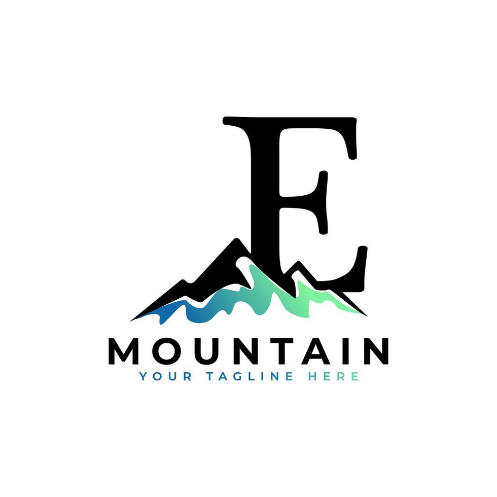 lettre initiale e logo de montagne. explorez l'élément de modèle de logo d'entreprise de symbole d'aventure de montagne. vecteur