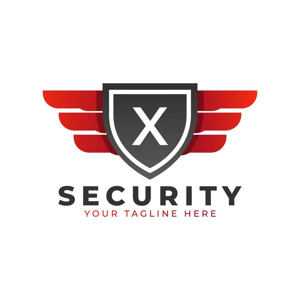 logo de sécurité. x initial avec ailes et icône de bouclier. modèle de logo vectoriel voiture et automobile