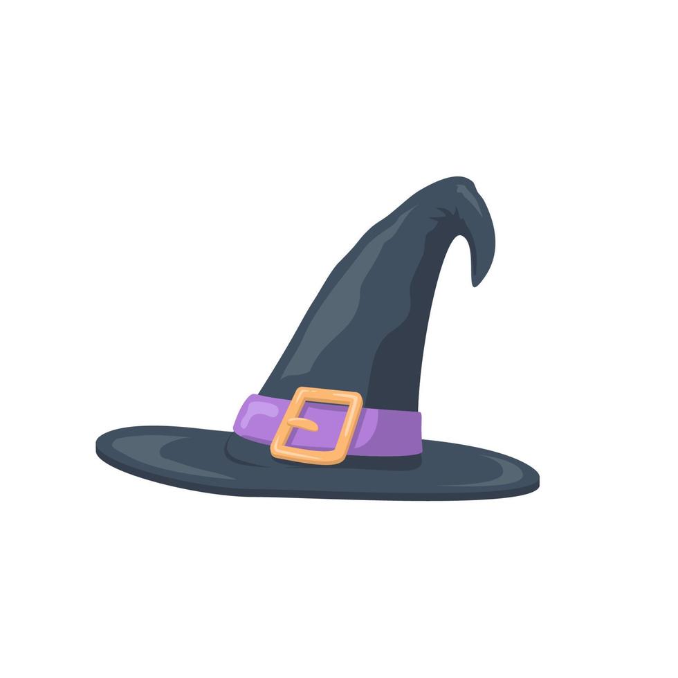 chapeau de sorcière. symbole de vacances d'halloween. chapeau noir avec sangle fiodet et boucle jaune. élément pour votre conception. vecteur