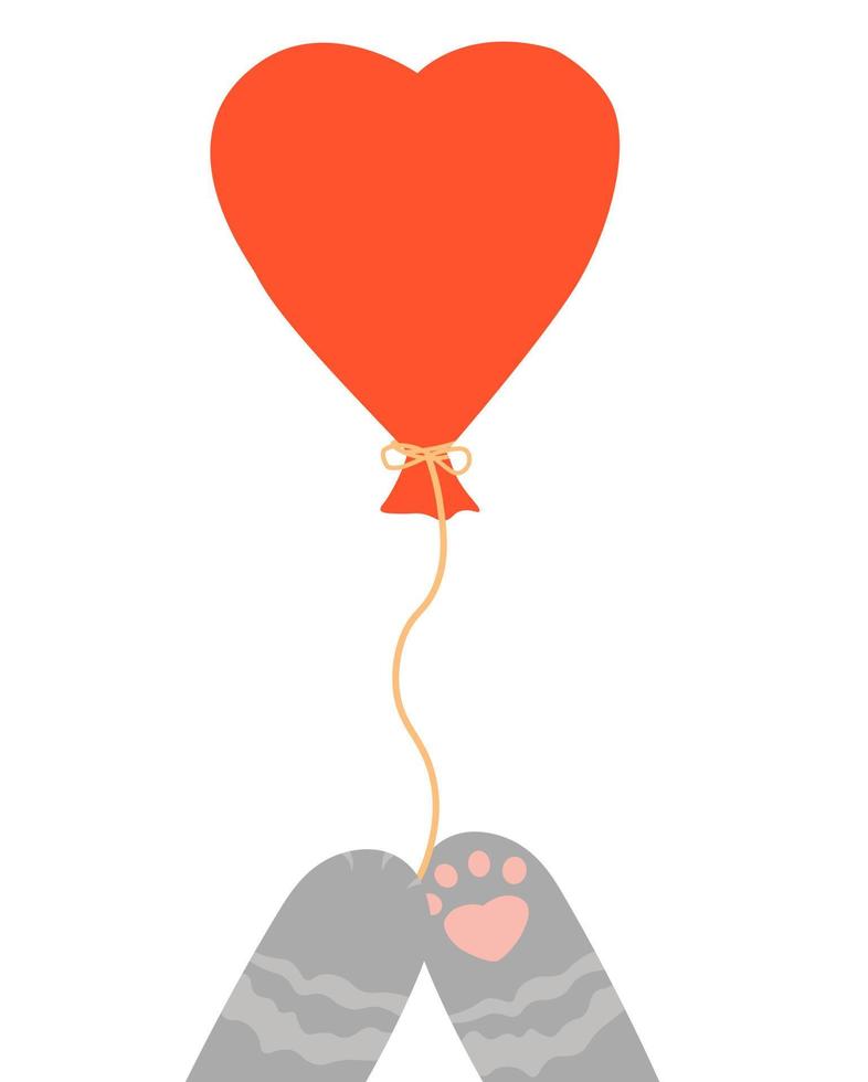 avec amour, la patte d'un chat tient un ballon en forme de cœur. carte de saint valentin, vente et autres modèles de flyers avec lettrage. affiche de typographie, carte, étiquette, conception de bannière. illustration de stock de vecteur. vecteur