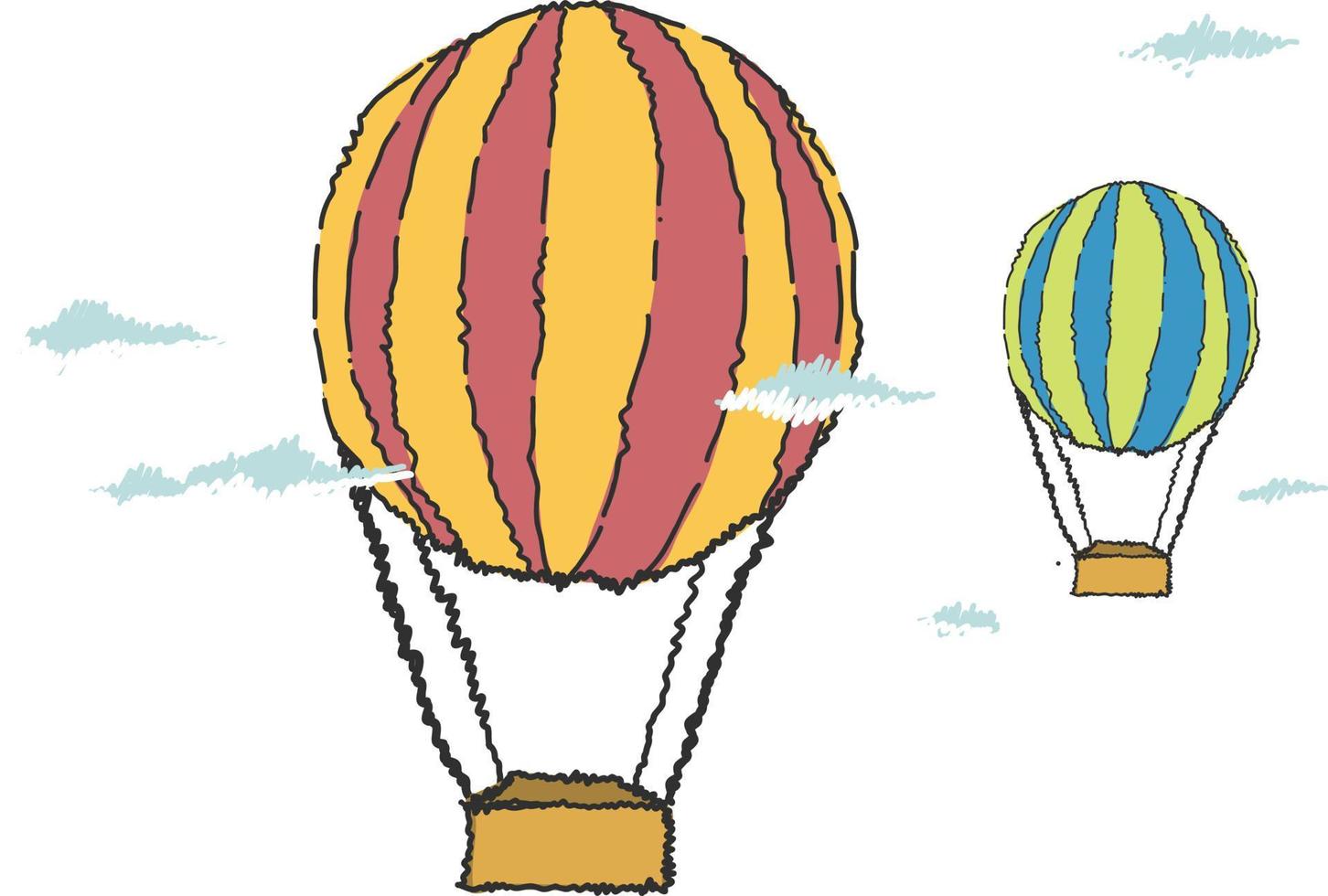 couple de montgolfières volant. concept de voyage d'aventure gribouillé illustration. vacances d'été, voyage en montgolfière. vecteur