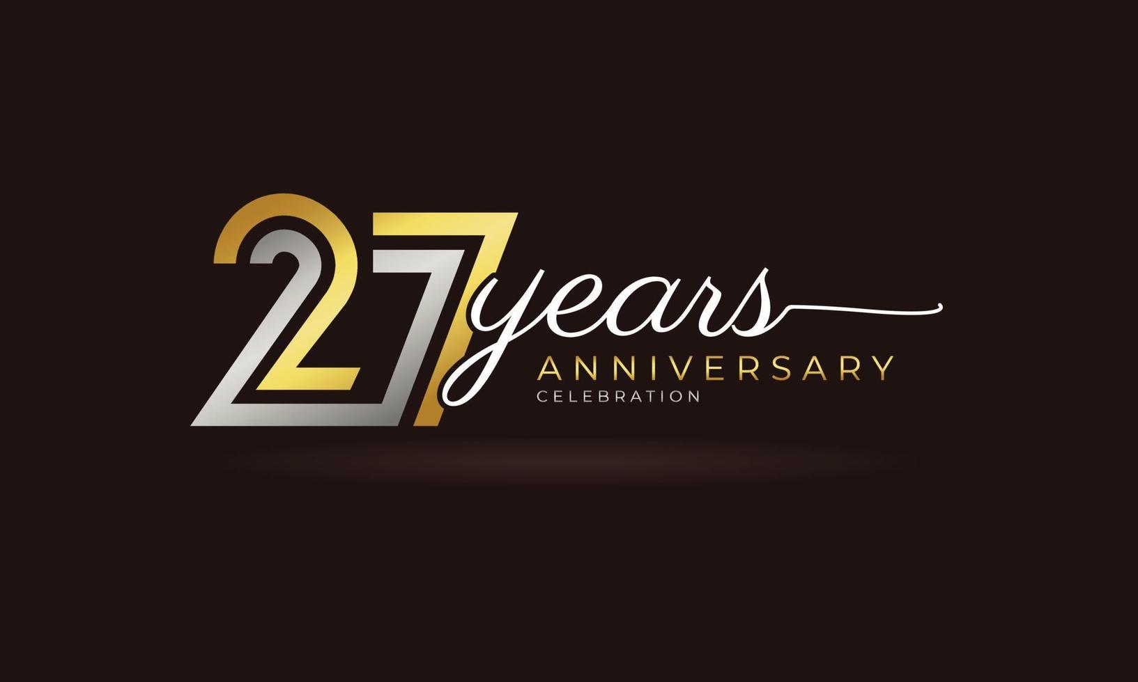 Logotype de célébration d'anniversaire de 27 ans avec plusieurs lignes liées couleur argent et or pour l'événement de célébration, le mariage, la carte de voeux et l'invitation isolée sur fond sombre vecteur
