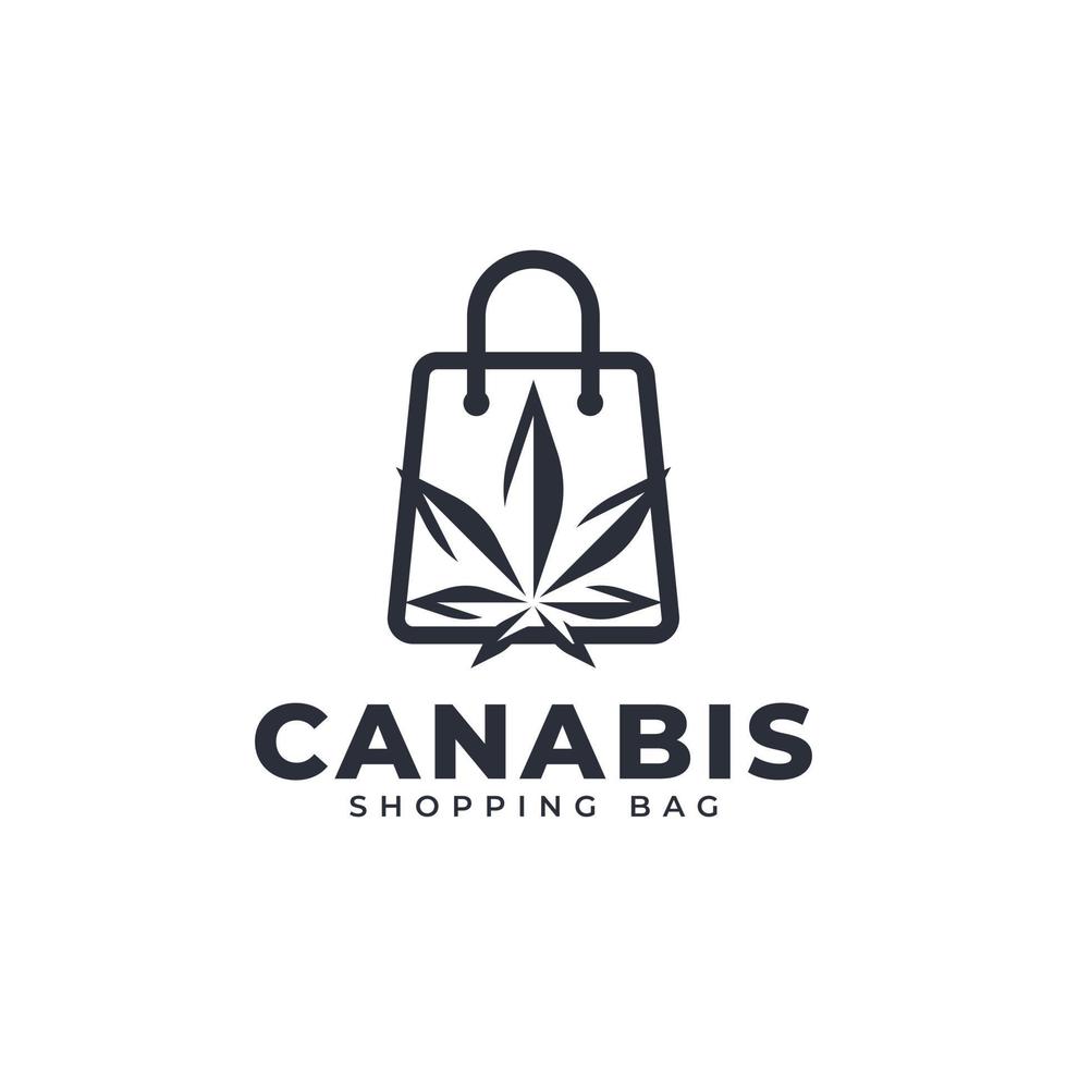 logo de cannabis de boutique en ligne médicale. sac à provisions combiné avec illustration vectorielle d'icône de cannabis vecteur