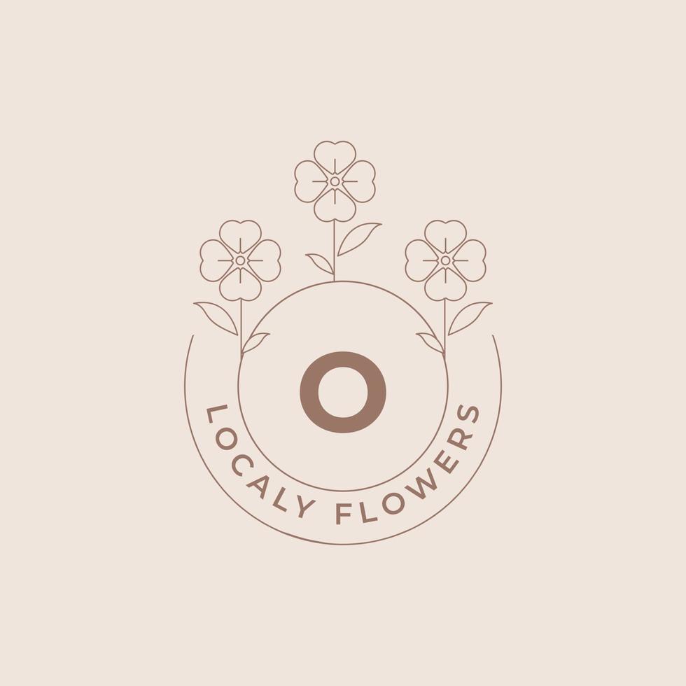 lettre o modèle de conception d'emblème de logos de fleurs avec des plantes botaniques et des illustrations vectorielles de pétales de style minimal d'art en ligne. symboles de contour pour les cosmétiques et les emballages ou la marque de produits floraux vecteur