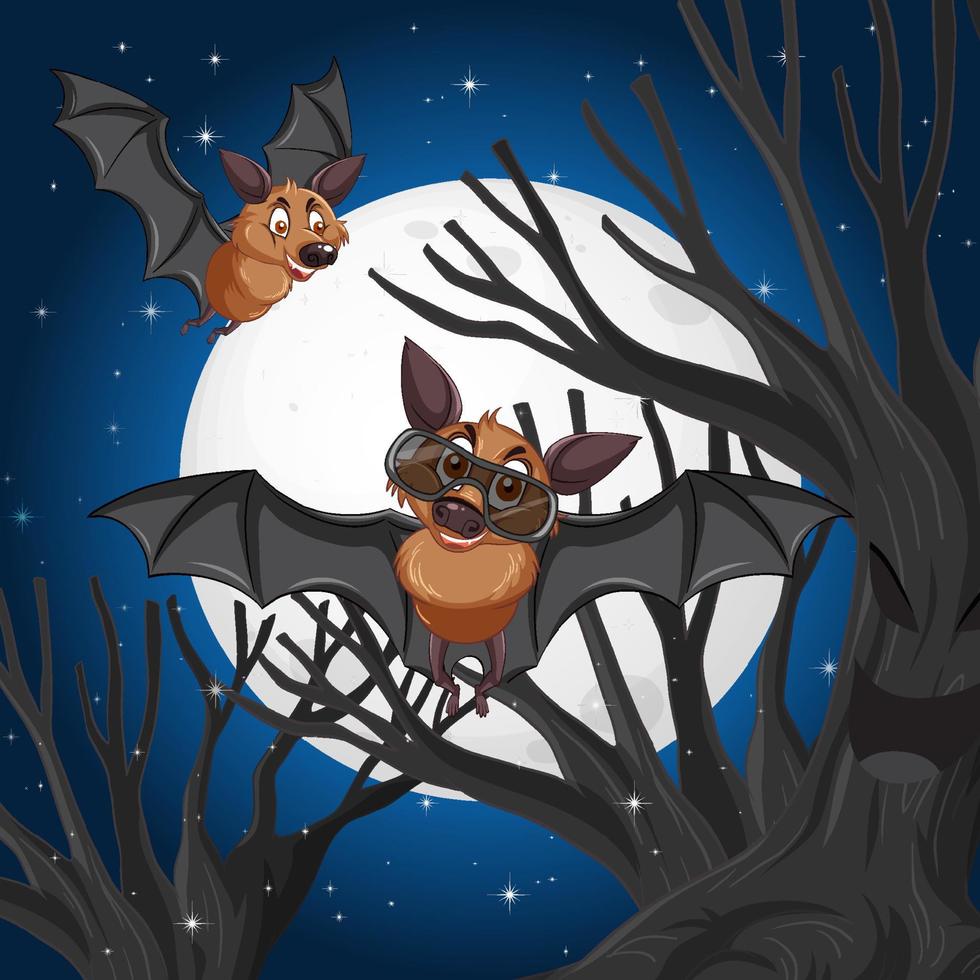 scène de nuit d'halloween avec deux chauves-souris en style cartoon vecteur