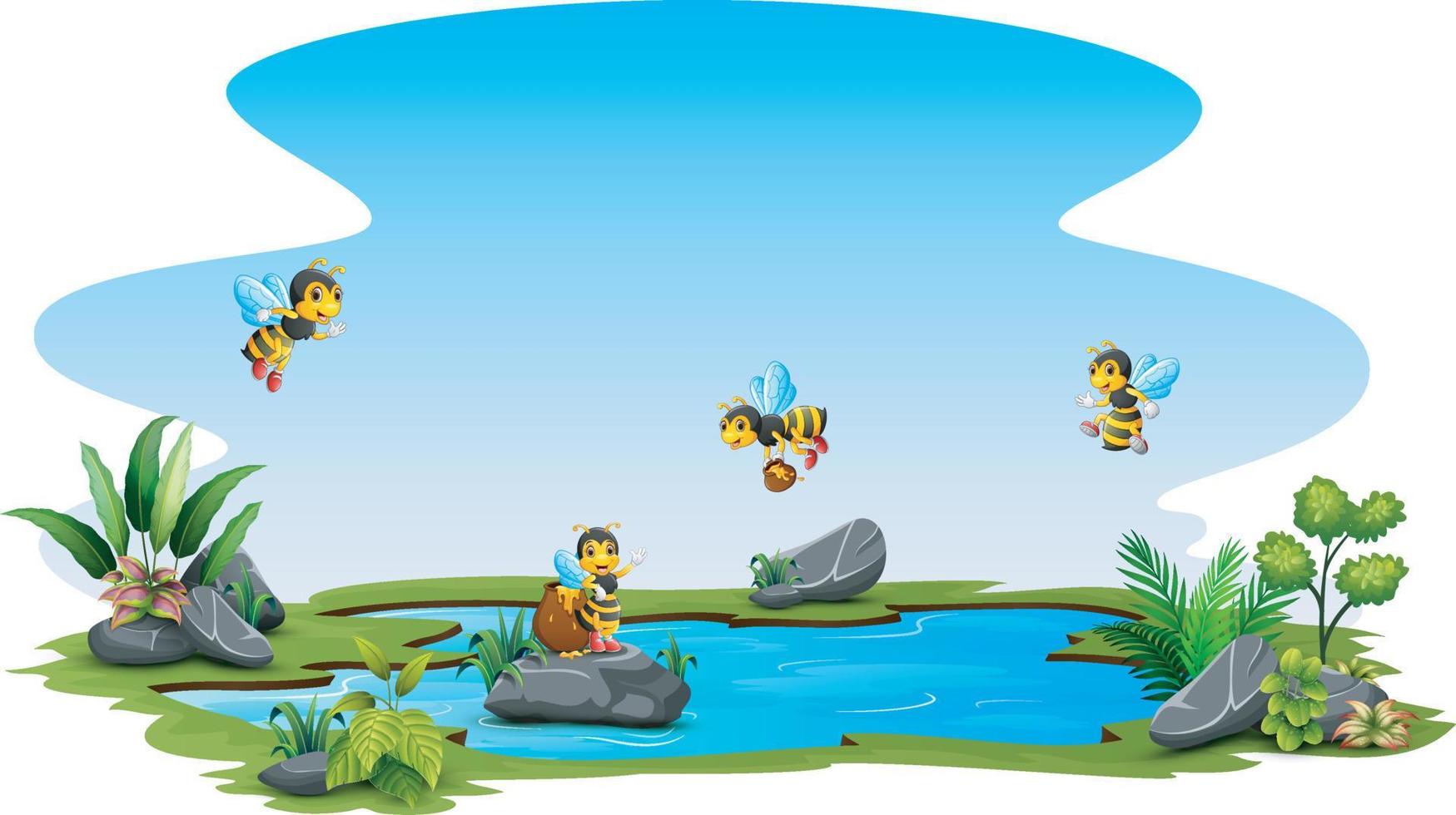 groupe d'abeilles volant au-dessus d'une petite piscine vecteur