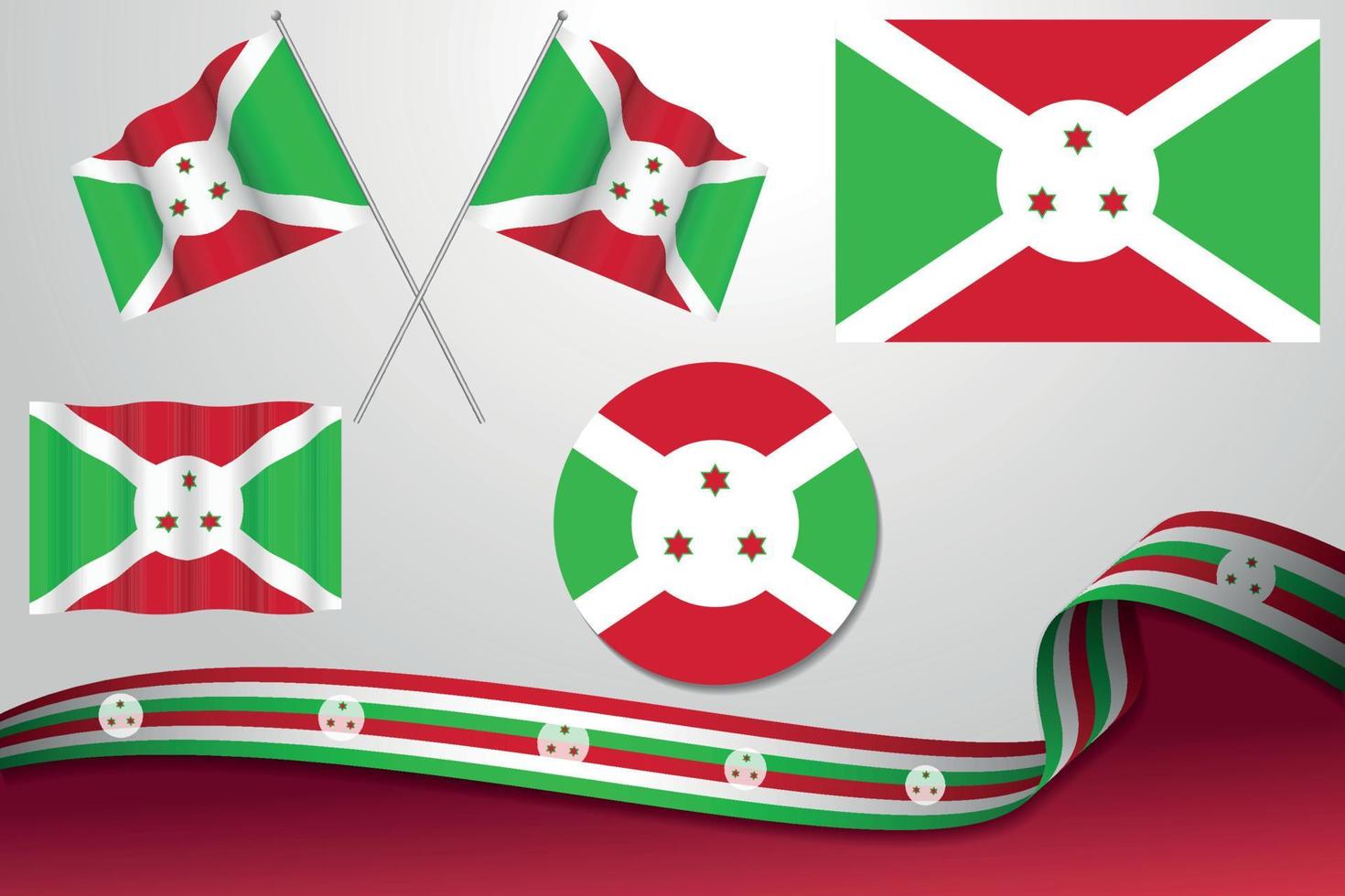 ensemble de drapeaux du burundi dans différents modèles, icône, drapeaux écorchés avec ruban avec arrière-plan. vecteur libre