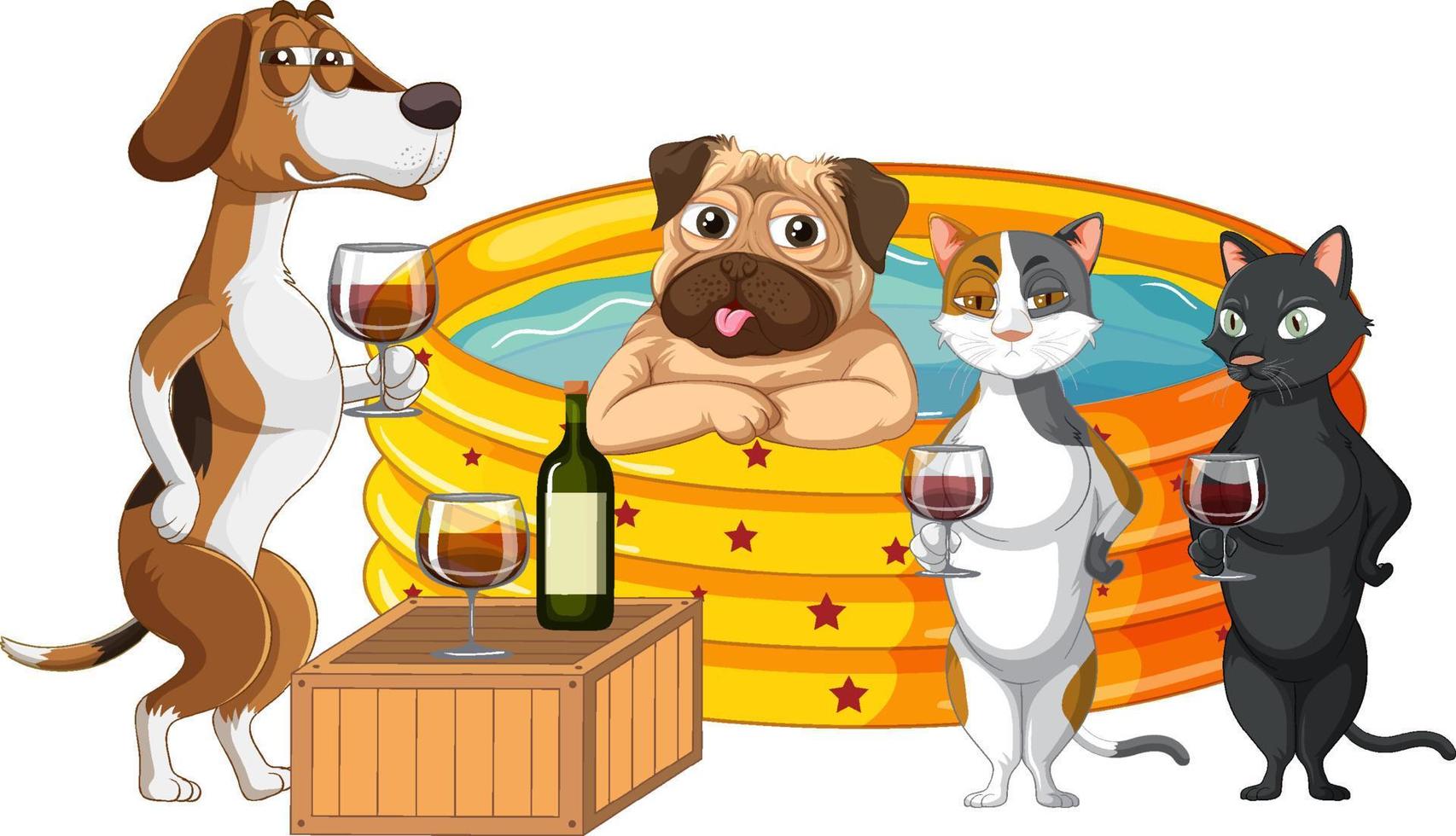 chats et chiens buvant du vin au bord de la piscine vecteur