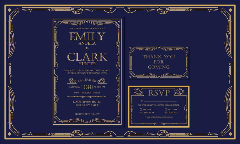 Invitation de mariage / fiançailles Art Déco Vintage Style Premium Marine Vintage Marine, couleur or avec cadre. Inclure Merci Tags et RSVP. Illustration vectorielle - Vecteur - Vecteur