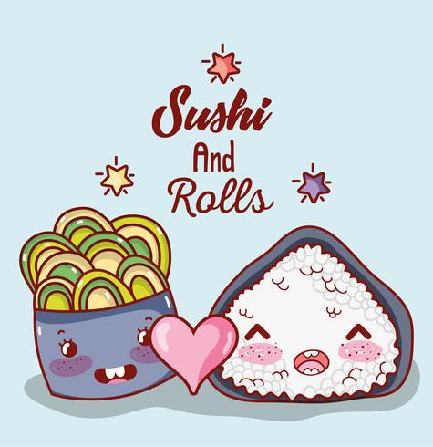 Sushi et rouleaux mignons dessins animés kawaii vecteur