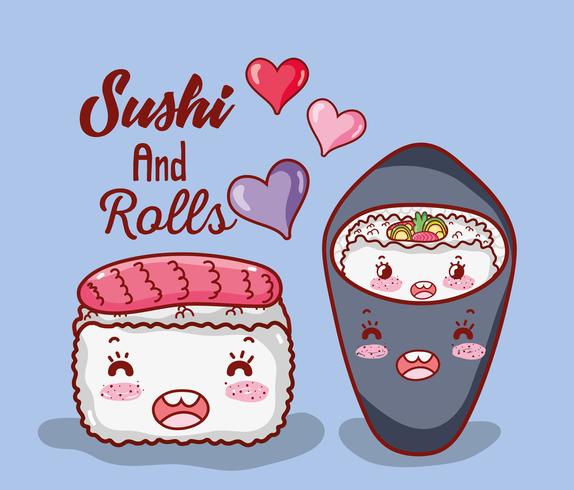 Sushi et rouleaux mignons dessins animés kawaii vecteur