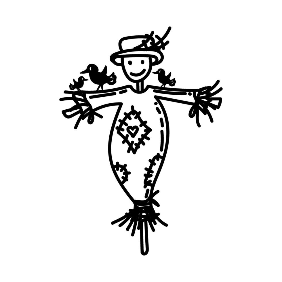 épouvantail mignon, élément de style doodle dessiné à la main. une poupée pour les oiseaux des champs. un moyen de sécher les récoltes dans le champ. style vectoriel linéaire simple pour les logos, les icônes et les emblèmes.