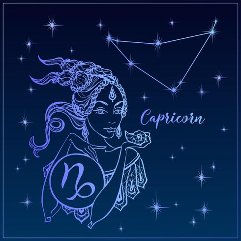 Signe du zodiaque Capricorne une belle fille. La constellation du capricorne. Ciel de nuit. Horoscope. Astrologie. Vecteur. vecteur