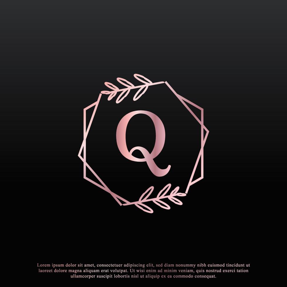 élégant logo floral hexagone de lettre q avec une branche de monogramme de feuille élégante créative et une couleur noire rose. utilisable pour les logos d'affaires, de mode, de cosmétiques, de spa, de science, de médecine et de nature. vecteur