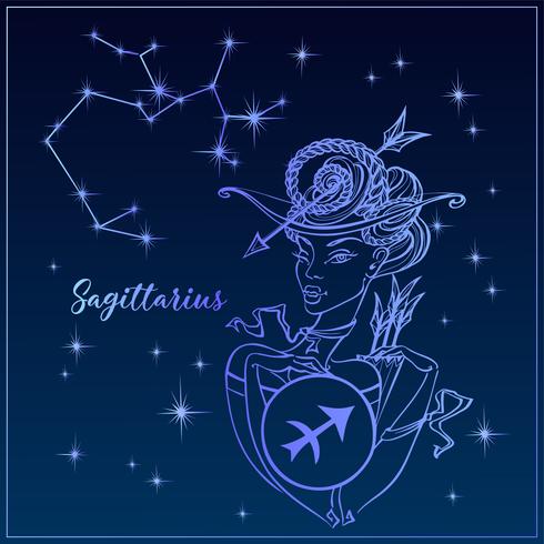 Signe du zodiaque Sagittaire une belle fille. La constellation du Sagittaire. Ciel de nuit. Horoscope. Astrologie. Vecteur. vecteur