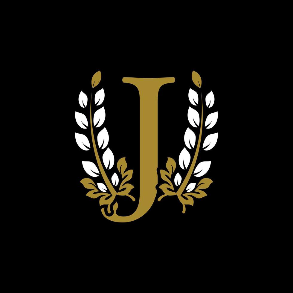 lettre initiale j monogramme lié logo couronne de laurier doré. design gracieux pour restaurant, café, nom de marque, badge, étiquette, identité de luxe vecteur