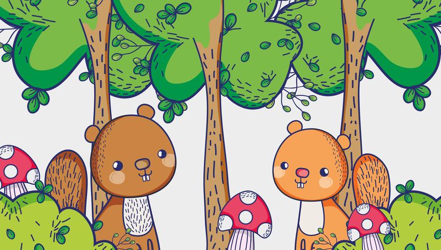 Écureuils dans les dessins animés de la forêt vecteur