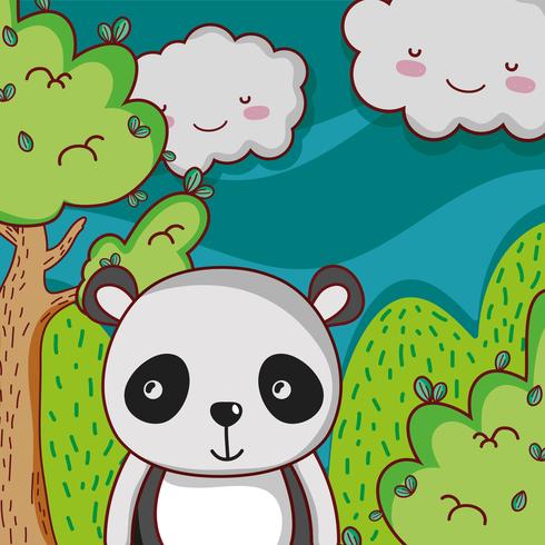 Panda mignon sur la bande dessinée de la forêt doodle vecteur