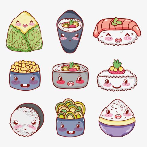 Dessin animé mignon kawaii de cuisine asiatique vecteur