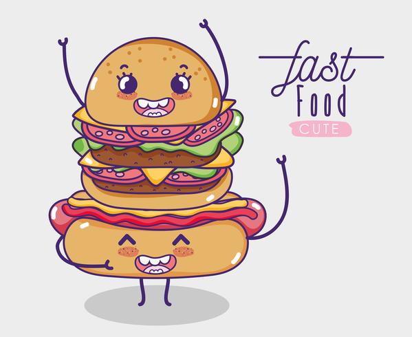 Hot dog avec dessin de hamburger kawaii vecteur