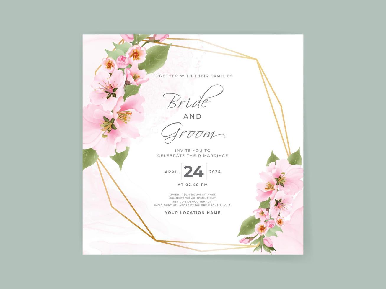 beau modèle de carte d'invitation de mariage sakura rose tendre vecteur
