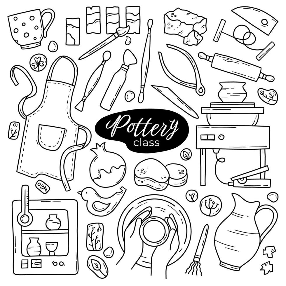 cours de poterie et atelier de céramique ensemble vectoriel d'icônes linéaires de doodle. roue, argile, pots, four, tablier et outils faits à la main.