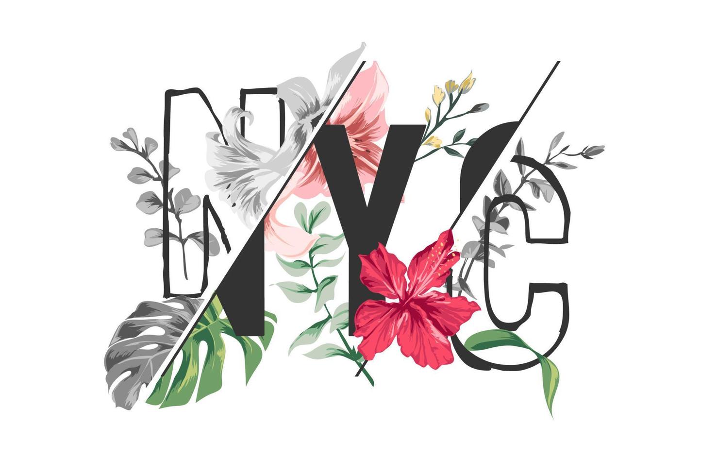 slogan nyc avec illustration de fleurs colorées vecteur