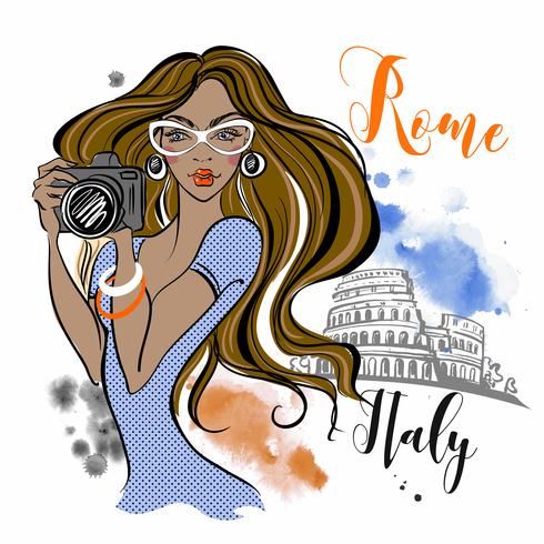 Touriste fille se rend à Rome en Italie. Photographe. Voyage. Vecteur