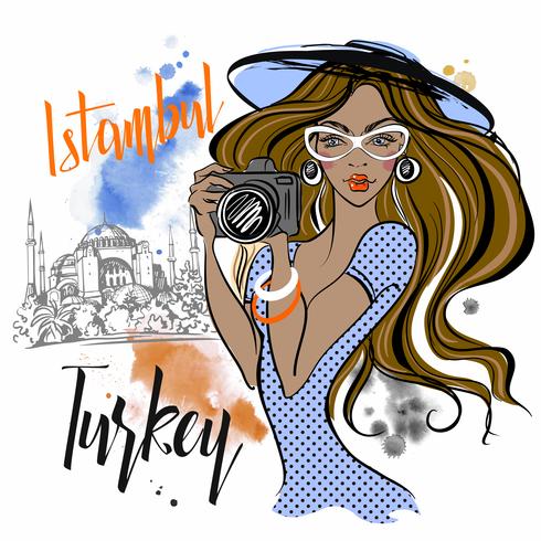 La jeune fille se rend en Turquie et photographie le spectacle. Istanbul Hagia Sophia. Vecteur. vecteur