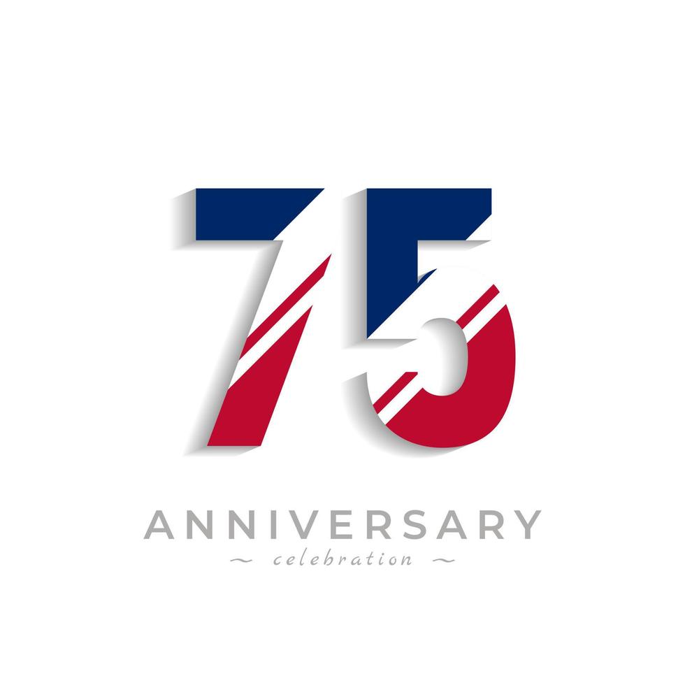 Célébration du 75e anniversaire avec une barre oblique blanche dans la couleur du drapeau américain rouge et bleu. joyeux anniversaire salutation célèbre l'événement isolé sur fond blanc vecteur