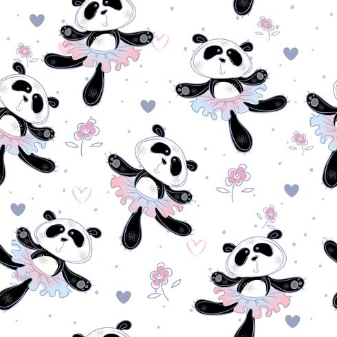 Les ballerines de pandas dansent. Modèle sans couture. Tissu imprimé pour enfants. Vecteur
