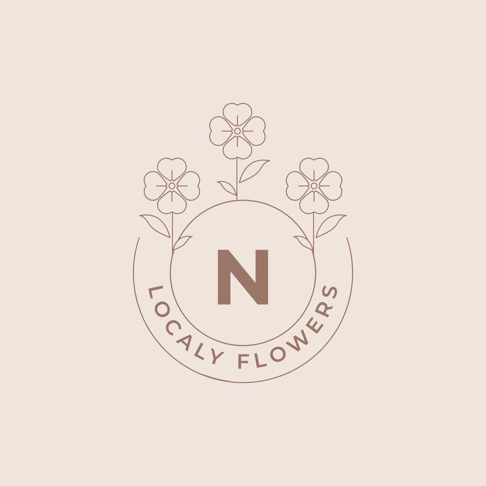 lettre n modèle de conception d'emblème de logos de fleurs avec des plantes botaniques et des illustrations vectorielles de pétales de style minimal d'art en ligne. symboles de contour pour les cosmétiques et les emballages ou la marque de produits floraux vecteur