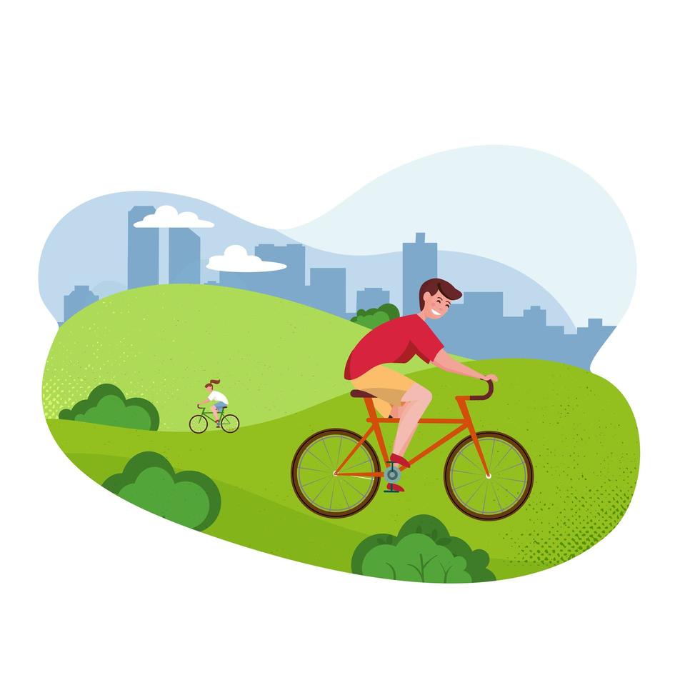 illustration de dessin animé plane vectorielle - homme à vélo. parc, arbres et collines sur fond de bannière, site, conception d'affiches. modèle de mode de vie sain. personnages actifs gars à vélo dans le parc vecteur