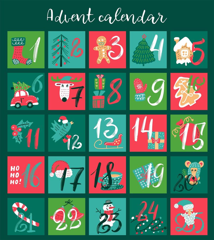 calendrier de l'avent de noël avec des éléments dessinés à la main. affiche de Noël. illustration vectorielle pendant 25 jours de décembre. vecteur