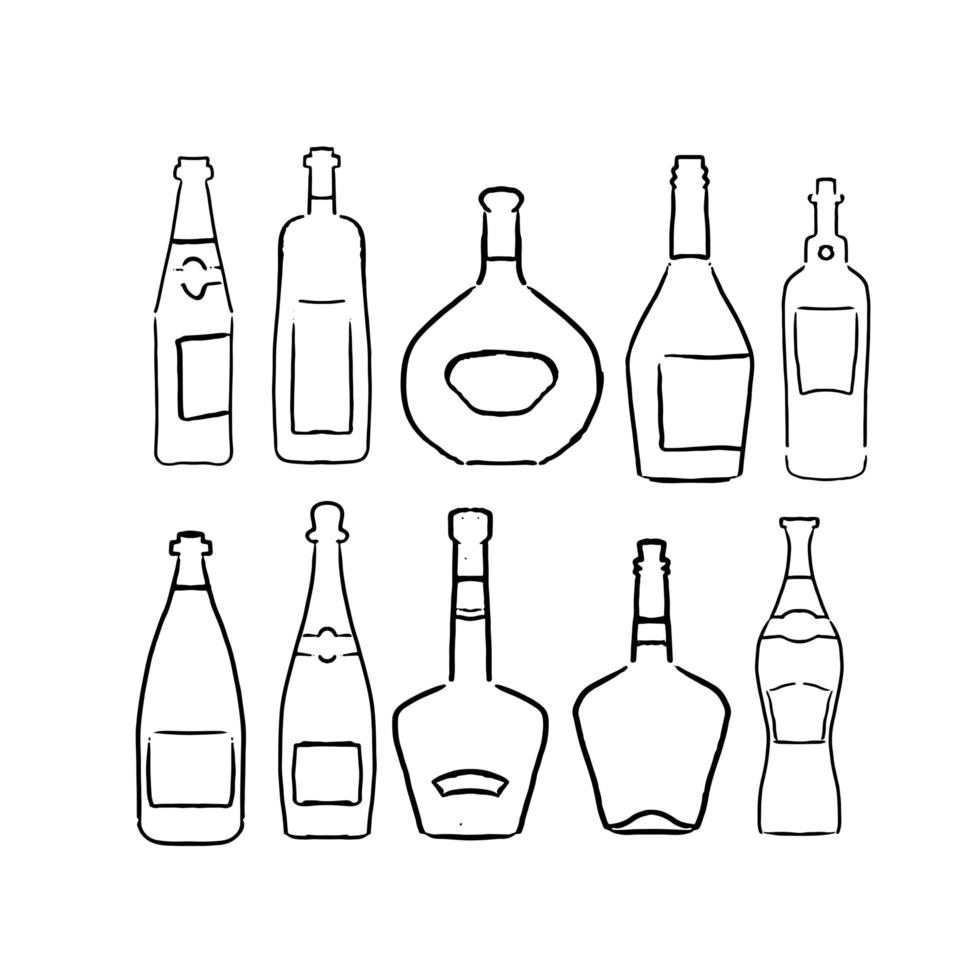 ensemble de bouteilles de croquis linéaires dessinés à la main. collection de différentes boissons alcoolisées. illustration vectorielle linéaire. vecteur