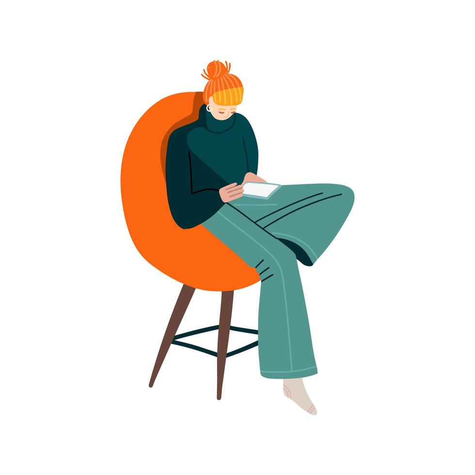 une jeune femme portant des vêtements décontractés est assise sur une chaise les jambes croisées tenant le téléphone dans les mains. adolescente à la maison, surfant sur Internet, lisant un message, parcourant un fil d'actualités. illustration vectorielle plane. vecteur