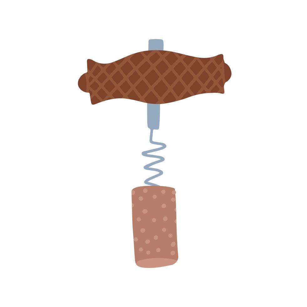 ancien tire-bouchon à vin avec manche en bois et bouchon en liège. illustration vectorielle plate dessinée à la main. vecteur