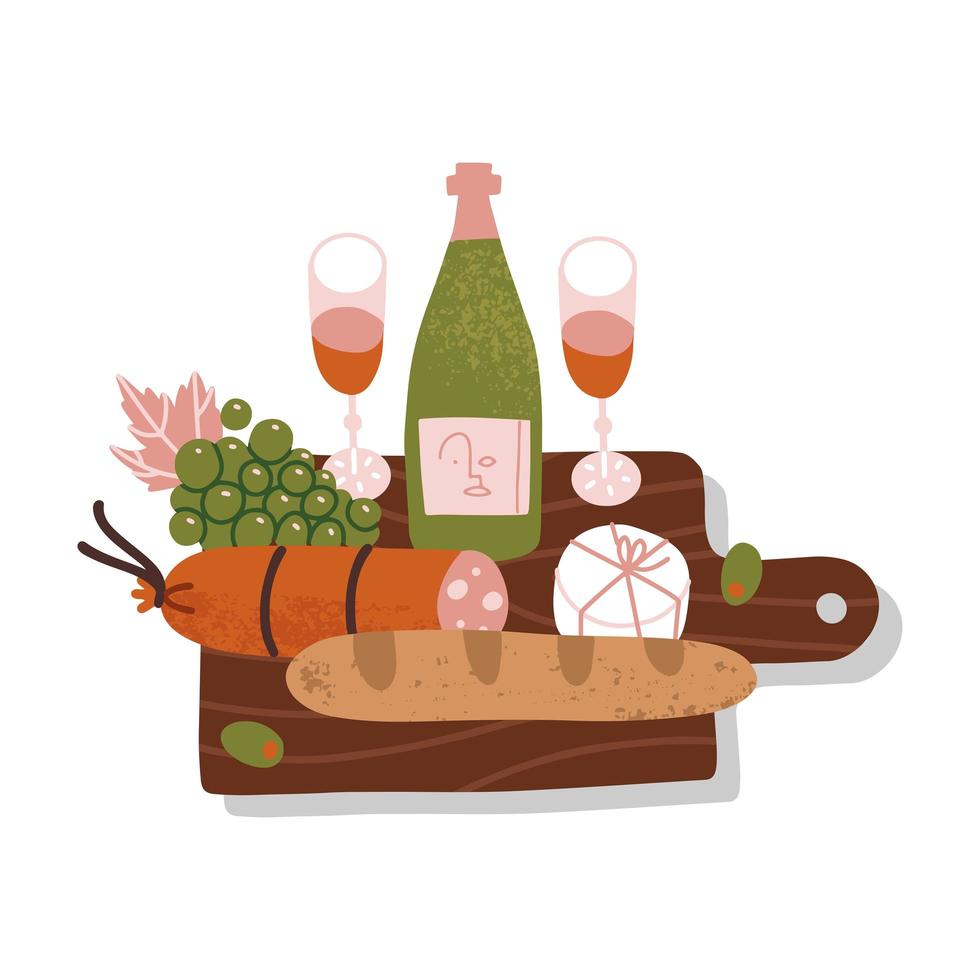 bouteille de vin rouge avec fromage brie, pain baguette, salami, olives, raisins sur le bateau de coupe de bois. illustration vectorielle de vecteur vue de côté plat.