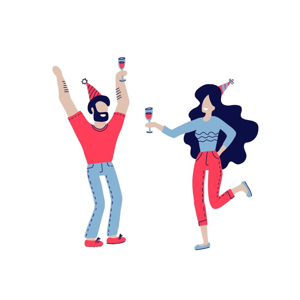 gens heureux au vecteur de fête d'anniversaire isolé sur blanc. l'homme et la femme de style dessin animé célèbrent leur anniversaire. fille avec verre à vin et casquette de vacances, garçon en casquette de fête. concept de vecteur dessiné à la main