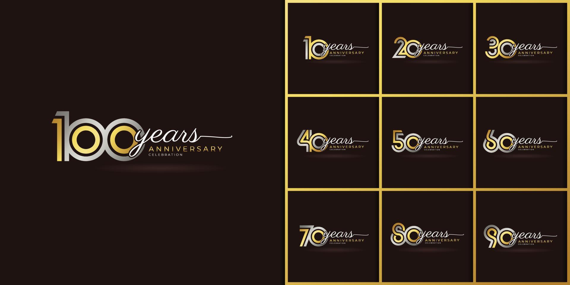 ensemble de logotype de célébration d'anniversaire de l'année avec plusieurs lignes liées de couleur argent et or pour l'événement de célébration, le mariage, la carte de voeux et l'invitation isolées sur fond sombre vecteur