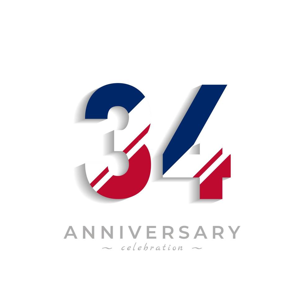 Célébration du 34e anniversaire avec une barre oblique blanche dans la couleur du drapeau américain rouge et bleu. joyeux anniversaire salutation célèbre l'événement isolé sur fond blanc vecteur