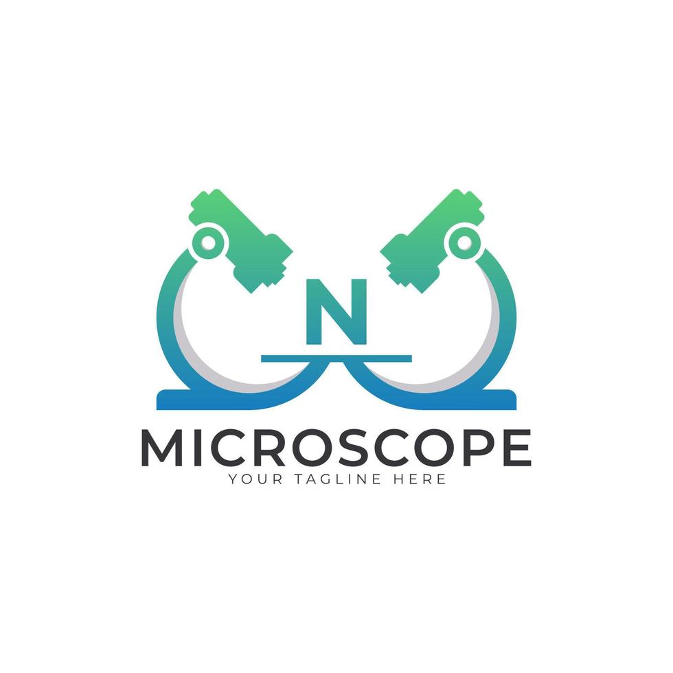 logo du laboratoire. lettre initiale n élément de modèle de conception de logo de microscope. vecteur