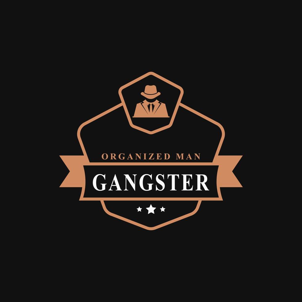 insigne rétro vintage pour les gangsters et l'homme de la mafia en costume noir symbole de conception d'emblème de logo vecteur