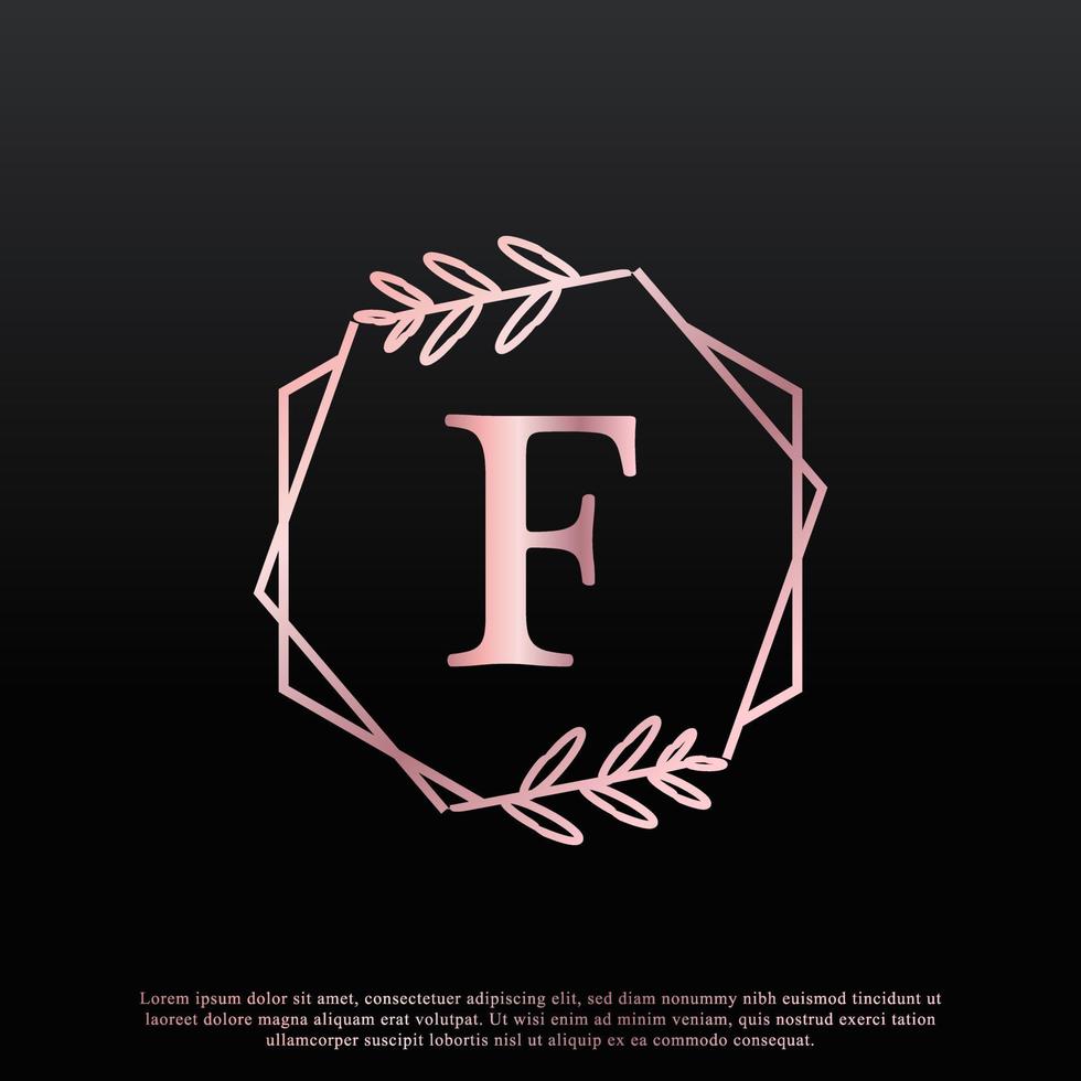 élégant logo floral hexagonal de lettre f avec une ligne de branche de monogramme de feuille élégante créative et une couleur noire rose. utilisable pour les logos d'affaires, de mode, de cosmétiques, de spa, de science, de médecine et de nature. vecteur