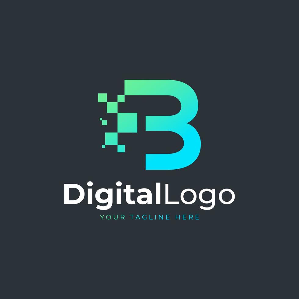 logo technique lettre b. forme géométrique bleue et verte avec des points de pixel carrés. utilisable pour les logos commerciaux et technologiques. élément de modèle d'idées de conception. vecteur