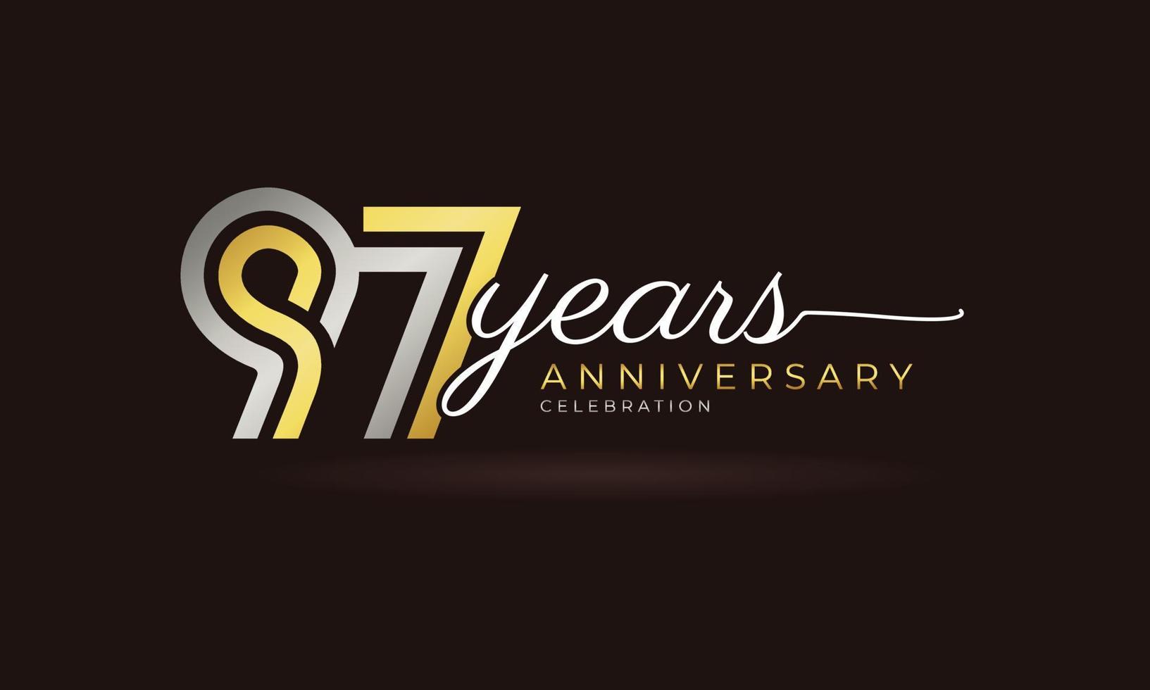 Logotype de célébration du 97e anniversaire avec plusieurs lignes liées couleur argent et or pour l'événement de célébration, le mariage, la carte de voeux et l'invitation isolés sur fond sombre vecteur